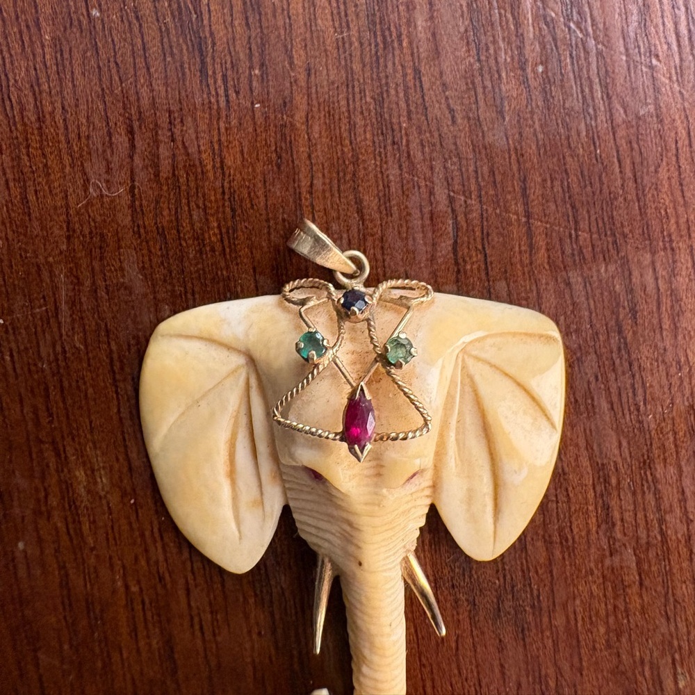 Contemporary Elephant Pendant w 14k Yellow Gold and Ruby/Sapphire/Emerald - Picture 2 of 6